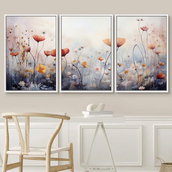 Watercolor Wildflowers Landscape Abstract Triptych Wall Art - Set of 3 Digital Download Prints - 16x24 Inches Each - Total Size 48x24 Inches