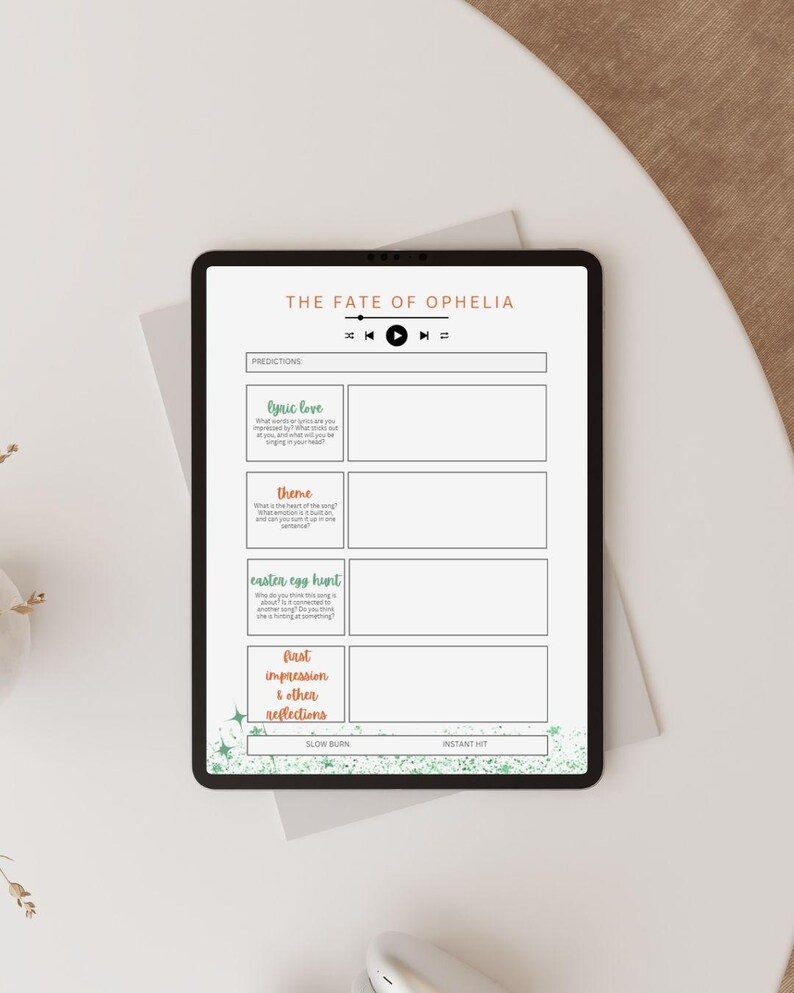 May include: A black tablet showing a worksheet titled "THE FATE OF OPHELIA." The worksheet has sections for predictions, lyric love, theme, Easter egg hunt, first impression & other reflections, and slow burn/instant hit. The tablet is on a white surface.