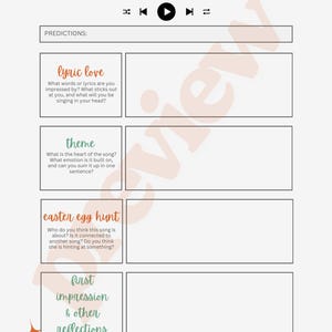 May include: A white worksheet titled "RUIN THE FRIENDSHIP" with prompts for song analysis. Includes sections for "lyric love," "theme," "easter egg hunt," and "first impression & other reflections." Features a play button graphic.