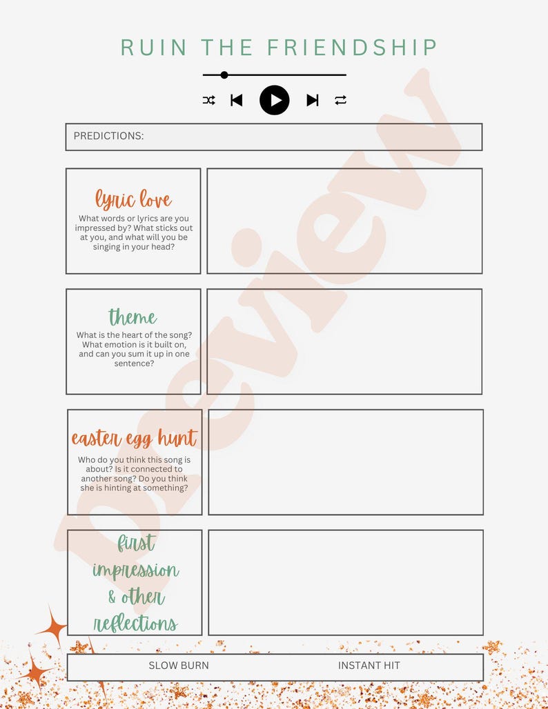 May include: A white worksheet titled "RUIN THE FRIENDSHIP" with prompts for song analysis. Includes sections for "lyric love," "theme," "easter egg hunt," and "first impression & other reflections." Features a play button graphic.