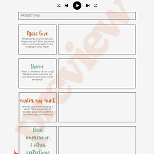 May include: A worksheet with the title "THE LIFE OF A SHOWGIRL" in green text. It features sections for predictions, lyric love, theme, and easter egg hunt. The worksheet also includes a slow burn and instant hit scale.