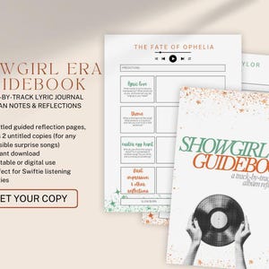 May include: A "Showgirl Era Guidebook" with a track-by-track lyric journal for fan notes and reflections. The cover features a vinyl record graphic and the text "Showgirl Era Guidebook". Includes 12 reflection pages and instant download.