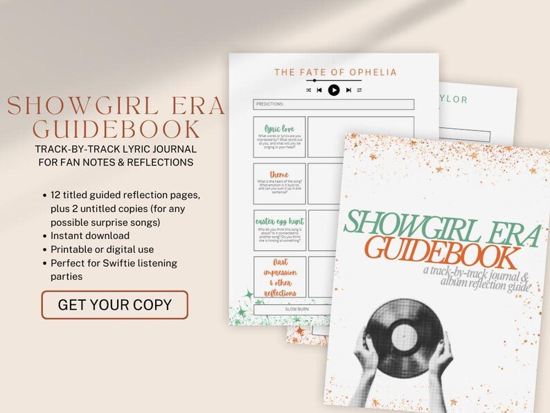 May include: A "Showgirl Era Guidebook" with a track-by-track lyric journal for fan notes and reflections. The cover features a vinyl record graphic and the text "Showgirl Era Guidebook". Includes 12 reflection pages and instant download.