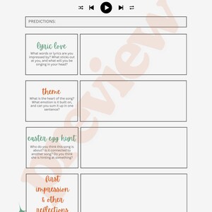 May include: A pale worksheet labelled "OPALITE" with a music player icon. It features sections for song predictions: lyric love, theme, easter egg hunt, and first impression & other reflections. The bottom has "SLOW BURN" and "INSTANT HIT" options.