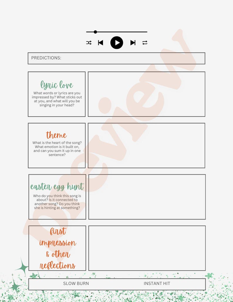 May include: A music-themed worksheet in white and green, featuring sections for lyric love, theme, easter egg hunt, and first impression reflections. Includes a play button icon and the word "Predictions".