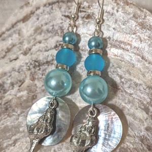 Silver Seashell Earrings, Nautical Themed Earrings, Beach Day Earrings, Blue & Silver Shell Earrings