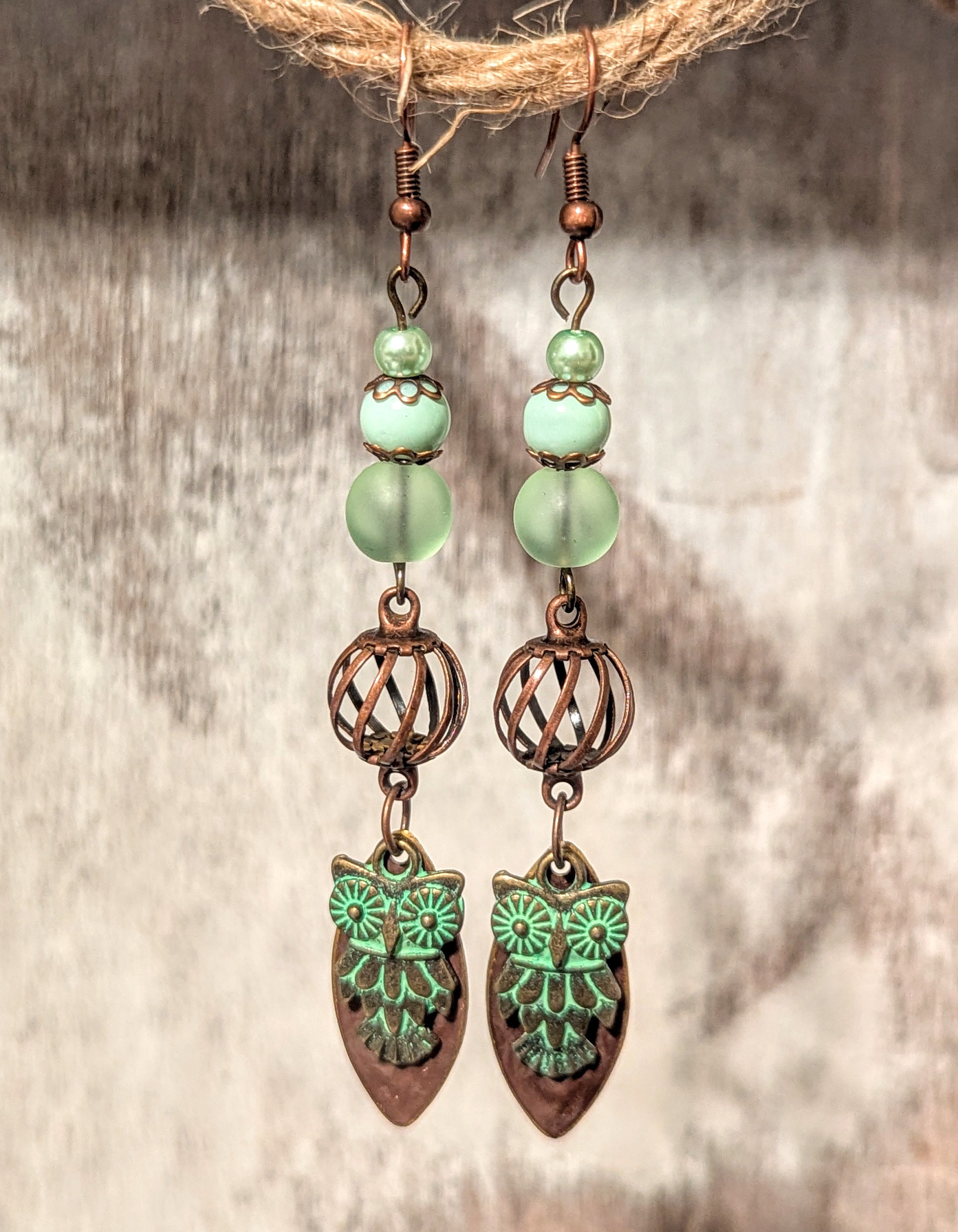 Green Owl Earrings, Antique Copper & Verdigris Brass Earrings, Woodland Forest Creature Earrings
