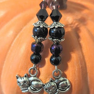 Cat Earrings, Purple, Black & Silver Purrrfect Halloween Jewelry, Witch&#39;s Pet Earrings, Cat Lover&#39;s Jewelry, Wiccan Earrings