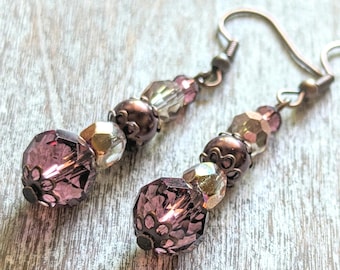 Plum Wine Dangle Earrings: Crystal and Glass Vintage Style