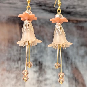 Peach Lucite Flower Earrings: Gold Fairy Garden Wedding Jewelry