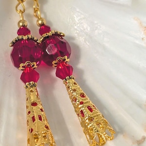 Long Red & Gold Tassel Earrings, Victorian Regency Style Earrings, Golden Filigree Dangle Earrings, Fancy Ruby Red Earrings