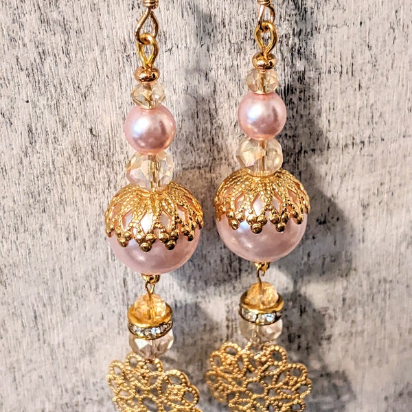 Dangle Earrings "Edwardian Pink Pearl" Edwardian Earrings Filigree Gold Brass Glass Pearls Blush Pink Faceted Crystal Beads Sparkle Glamour