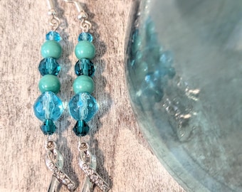 Teal Awareness Earrings: Silver Ribbon, Crystal & Glass Beads