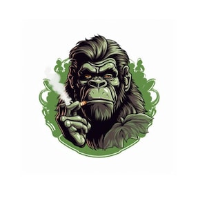 May include: A green and black gorilla with a serious expression, smoking a cigarette, surrounded by green foliage.