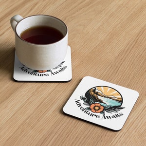 Adventure Awaits - Cork-back coaster - Nature-Inspired Coaster with Mountain, Lake, and Tree Design - Eco-Friendly Home Decor - mug coaster