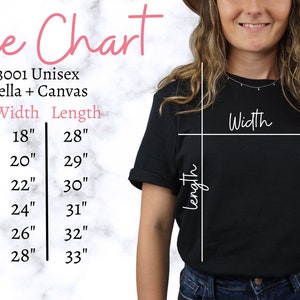 May include: Size chart for unisex t-shirts, showing width and length measurements in inches for sizes S through 3XL. The chart is labeled "3001 Unisex Bella + Canvas".