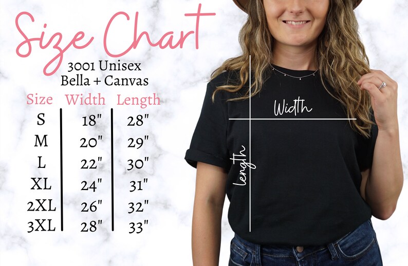May include: Size chart for unisex t-shirts, showing width and length measurements in inches for sizes S through 3XL. The chart is labeled "3001 Unisex Bella + Canvas".