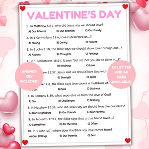 May include: A Valentine's Day quiz sheet with questions about love and scripture. The sheet includes the text "Valentine's Day" at the top and has an answer key. Available in US Letter and A4 sizes.