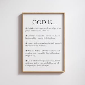 Puede incluir: Una impresión enmarcada con el texto "GOD IS..." en la parte superior, seguida de afirmaciones y versículos bíblicos. El marco es de color marrón claro. La impresión incluye frases como "Mi Defensor" y "Mi Consolador".