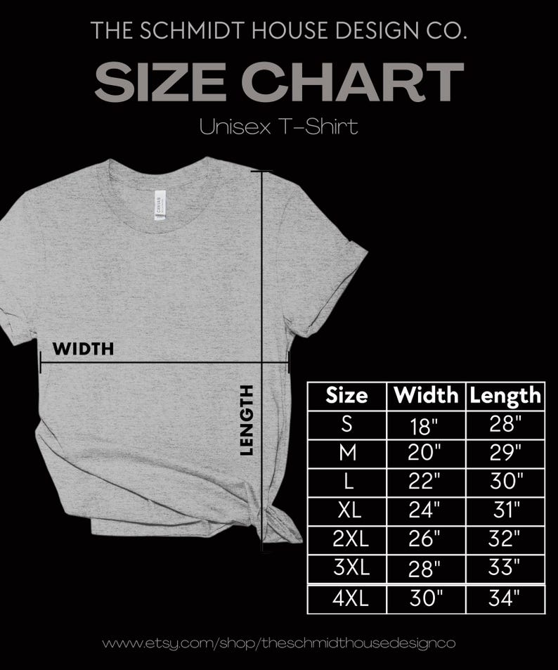 Puede incluir: Tabla de tallas para una camiseta unisex, que muestra las medidas de ancho y largo en pulgadas para las tallas S a 4XL.
