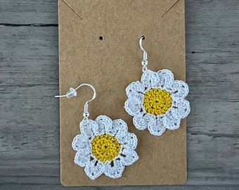 Handmade Crochet Daisy Sterling Silver Earrings