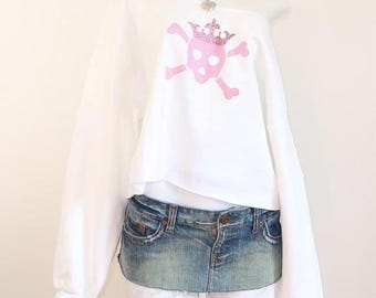 y2k pink skull crossbones graphic off shoulder cropped sweatshirt crown