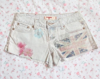 t-five custom union jack denim shorts y2k low rise distressed
