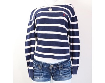 Polo by Ralph Lauren Navy & White Striped Boatneck Sweatshirt with Red Pony