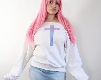y2k galaxy cross graphic off shoulder sweatshirt indie sleaze