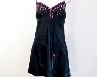 y2k black satin slip dress star embroidery chemise