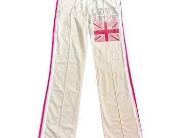 Poof! Vintage Y2K Cream Union Jack Love Track Pants Small
