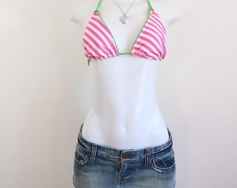 y2k aqua blues pink striped triangle bikini top