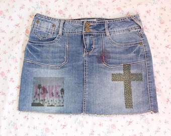 y2k custom denim mini skirt leopard cross graphic low rise