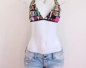 y2k roxy logo halter bikini top neon triangle swim size S/M
