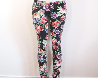 floral skinny jeans black rose print y2k indie sleaze size 5