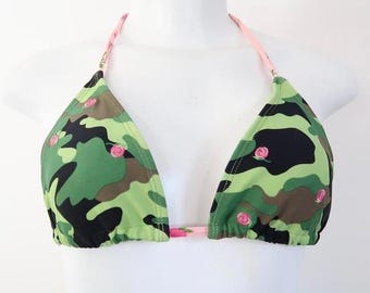 y2k camo rose embroidered bikini top string