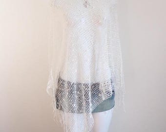 y2k crochet poncho white sequin fringe boho shawl