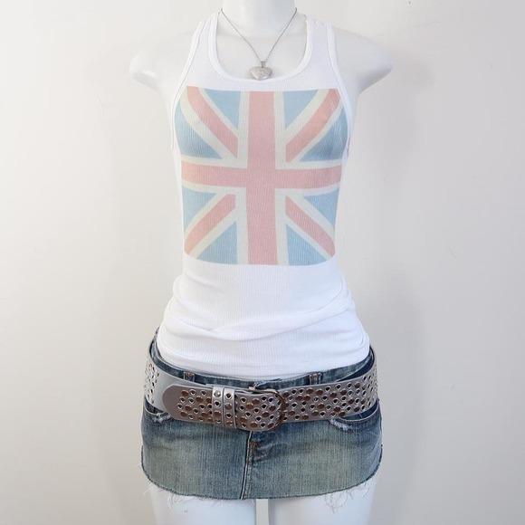 Y2k Union Jack Graphic Tank White Ribbed British Flag Baby Tee 