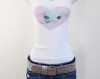 y2k littlest pet shop heart graphic tank white ribbed baby tee size XS