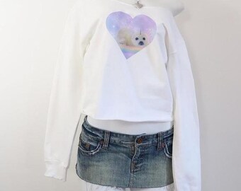 y2k seal heart graphic off shoulder cropped sweatshirt coquette