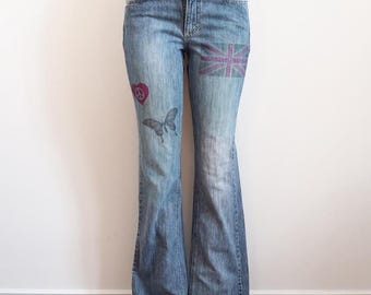 y2k riders vintage flare jeans butterfly union jack graphic