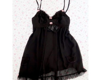 Y2k Betsey Johnson Black Lace-Trim Babydoll Chemise - Women Intimates