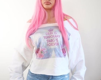 y2k swag is forever floral cropped off shoulder sweatshirt