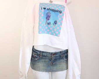 y2k i heart shopping off shoulder cropped sweatshirt fleece graphic