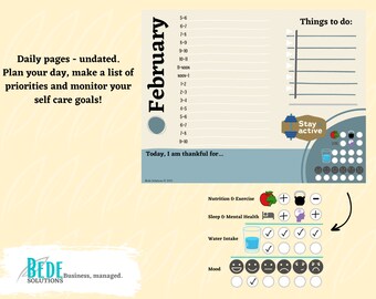 May include: A daily planner with sections for February, "Things to do," and self-care goals. The planner includes sections for tracking nutrition, exercise, sleep, mental health, water intake, and mood. The text "Stay active" is also visible.