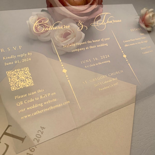 ALL IN ONE Wedding Inivitation | Clear Acrylic Invitation with Qr code | Gold Foil with Acrylic Invitation | Customizable envelope color