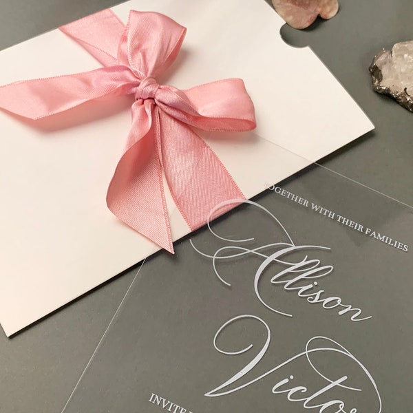 Quinceanera and Sweet Sixteen Invitations with Pink Ribbon |  Fairy Theme with Silver Foil | CLEAR ACRYLIC with Silver foil | E0029