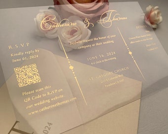 ALL IN ONE Wedding Inivitation | Clear Acrylic Invitation with Qr code | Gold Foil with Acrylic Invitation | Customizable envelope color