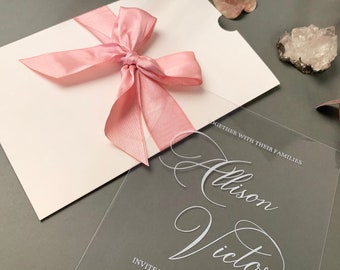 Quinceanera and Sweet Sixteen Invitations with Pink Ribbon |  Fairy Theme with Silver Foil | CLEAR ACRYLIC with Silver foil | E0029