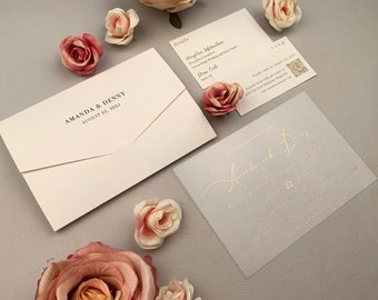 Invitación de boda TODO EN UNO con tarjeta Rsvp codificada Qr y tarjeta de detalles / sobre con bolsillo / paquete de invitación de boda / 1009